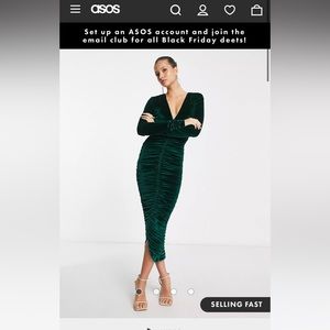 Rare London velvet plunge front ruched midi dress in green